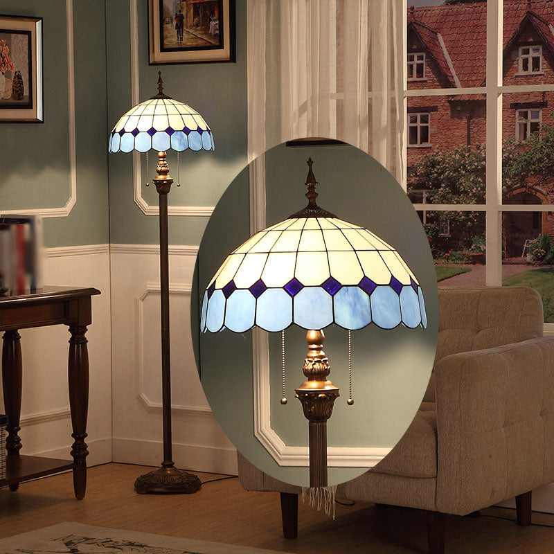 Blue Stained Glass Scalloped Dome Floor Light - 2 Bulb Pull Chain Standing Lamp