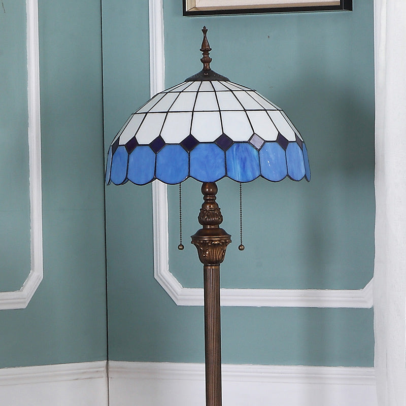 Blue Stained Glass Scalloped Dome Floor Light - 2 Bulb Pull Chain Standing Lamp