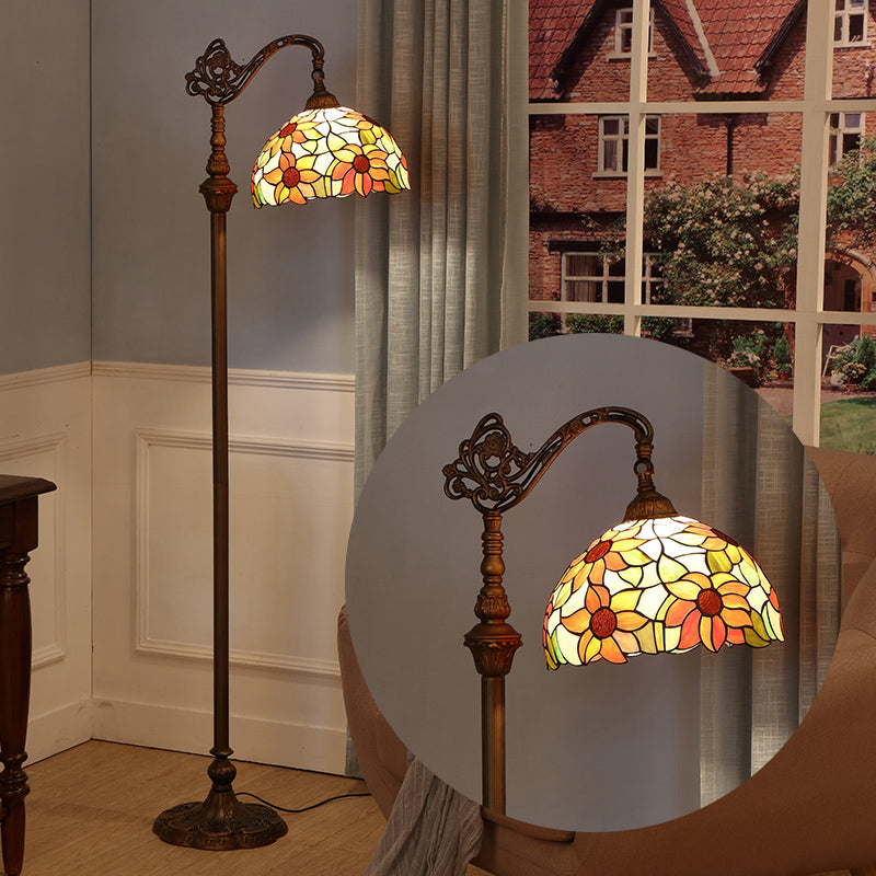 Classic Floral Stained Glass Reading Floor Light - Single-Bulb Standing Fixture In Orange