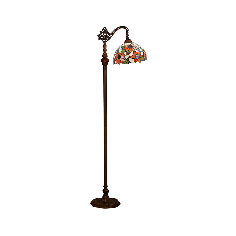 Classic Floral Stained Glass Reading Floor Light - Single-Bulb Standing Fixture In Orange