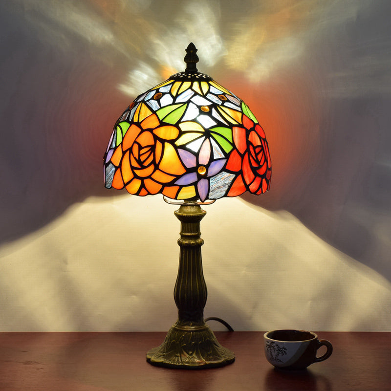 Stained Art Glass Dome Table Lamp - Unique Nightstand Lighting For Living Room Décor Orange Red