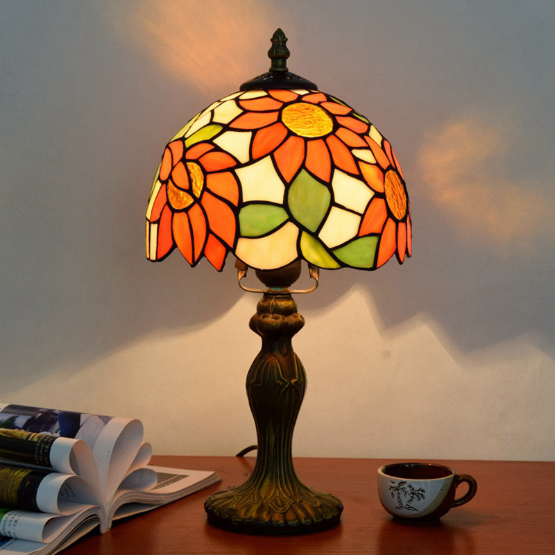 Stained Art Glass Dome Table Lamp - Unique Nightstand Lighting For Living Room Décor Orange