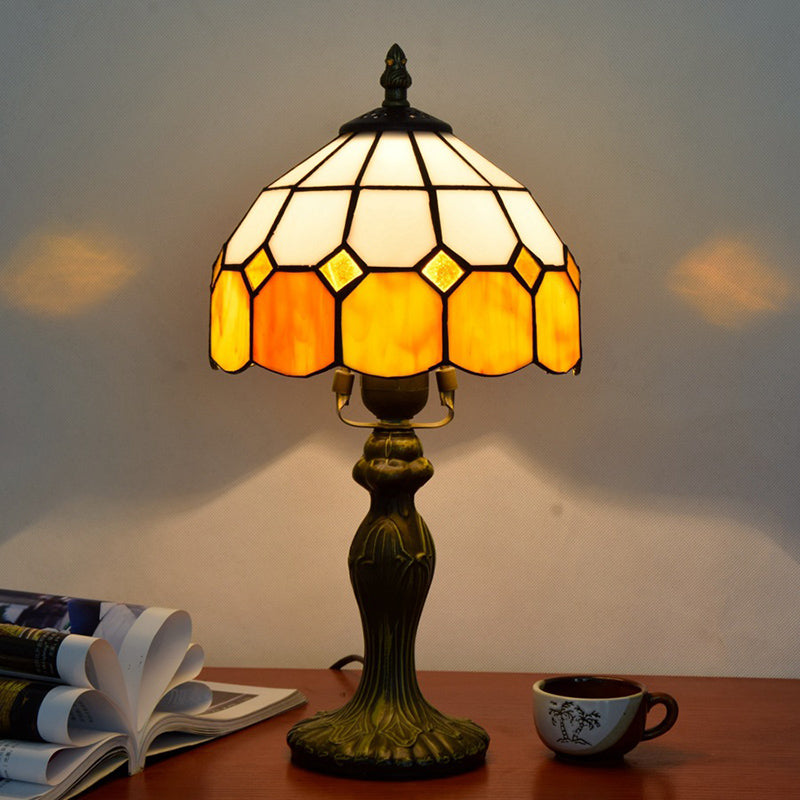 Yellow Single-Bulb Nightstand Lamp With Classic Gridded Glass Design - Perfect For Living Room