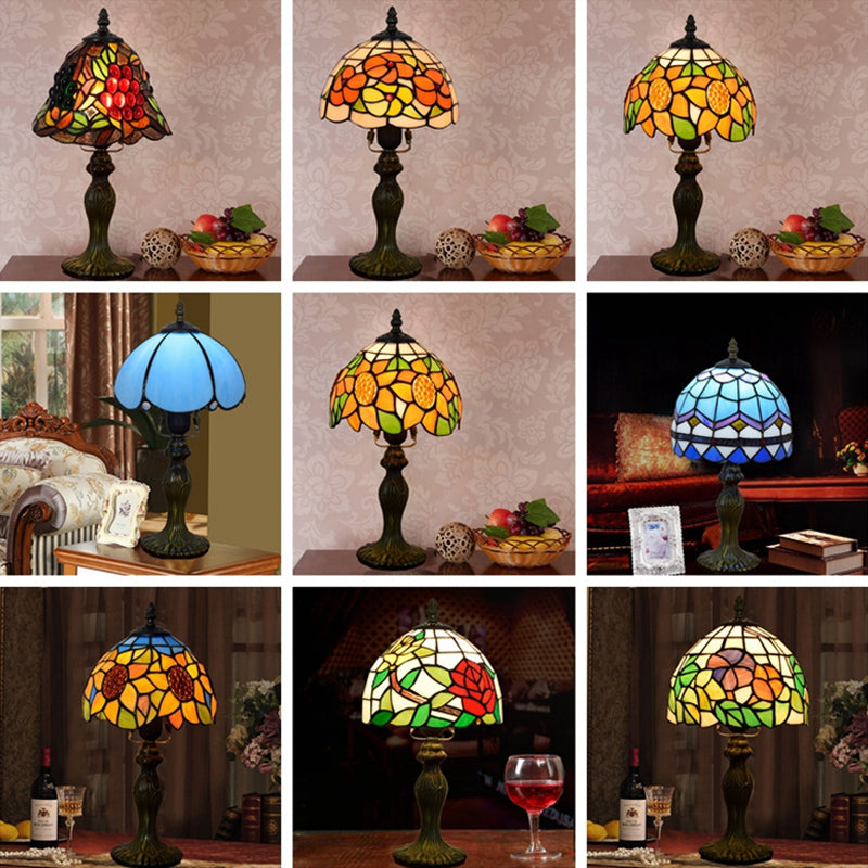 Tiffany Style Dome Table Lamp For Bedroom - Single-Bulb Stained Art Glass Nightstand Light