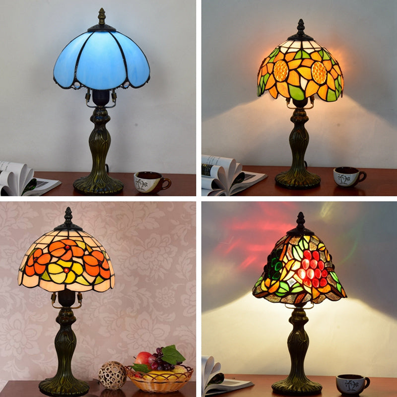 Tiffany Style Dome Table Lamp For Bedroom - Single-Bulb Stained Art Glass Nightstand Light
