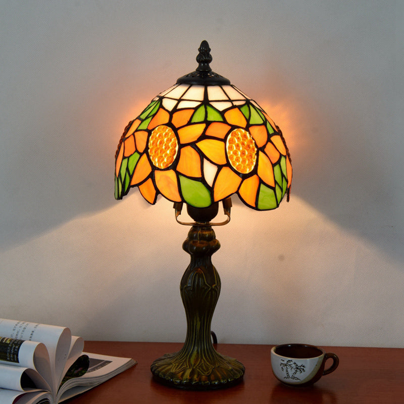 Tiffany Style Dome Table Lamp For Bedroom - Single-Bulb Stained Art Glass Nightstand Light Orange