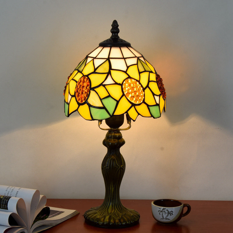 Tiffany Style Dome Table Lamp For Bedroom - Single-Bulb Stained Art Glass Nightstand Light Yellow