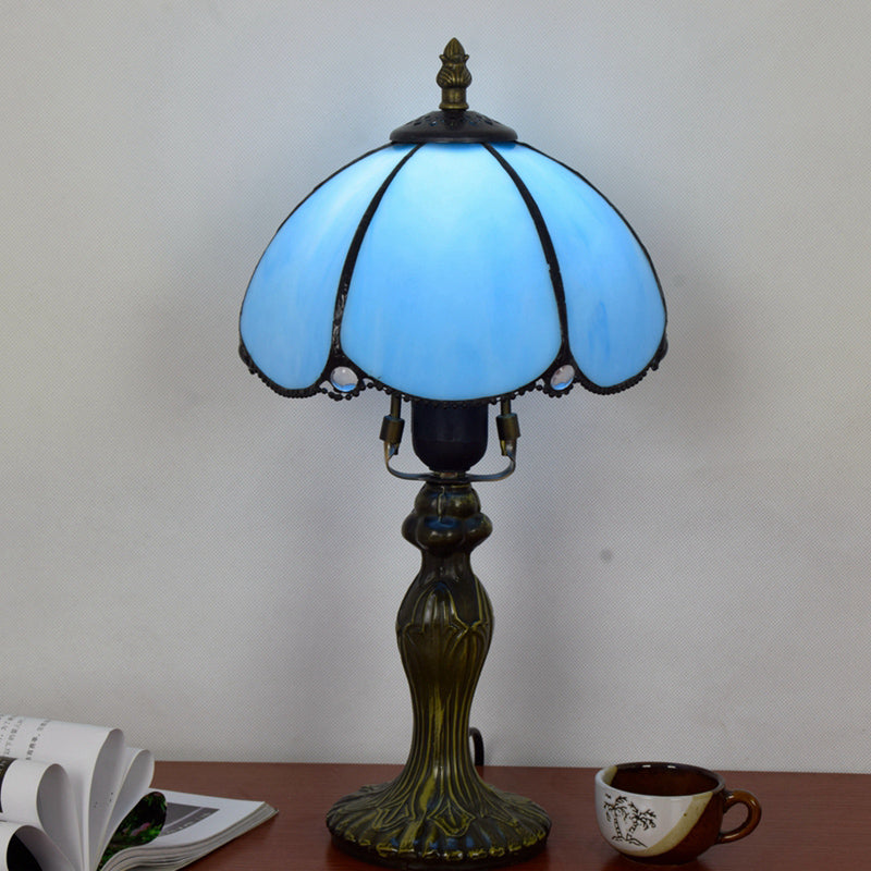 Tiffany Style Dome Table Lamp For Bedroom - Single-Bulb Stained Art Glass Nightstand Light Blue