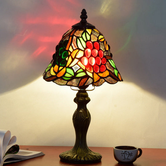 Tiffany Style Dome Table Lamp For Bedroom - Single-Bulb Stained Art Glass Nightstand Light Red