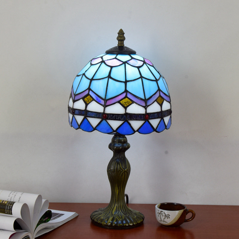 Tiffany Style Dome Table Lamp For Bedroom - Single-Bulb Stained Art Glass Nightstand Light Sky Blue