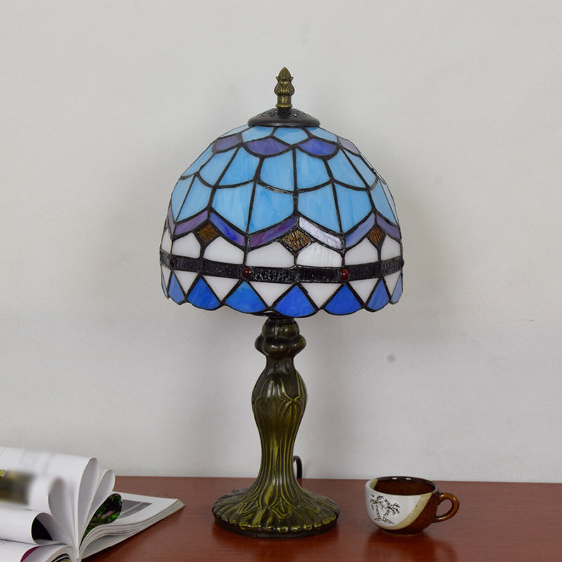 Mediterranean Dome Gridded Glass Table Lamp - Blue Nightstand Light For Living Room