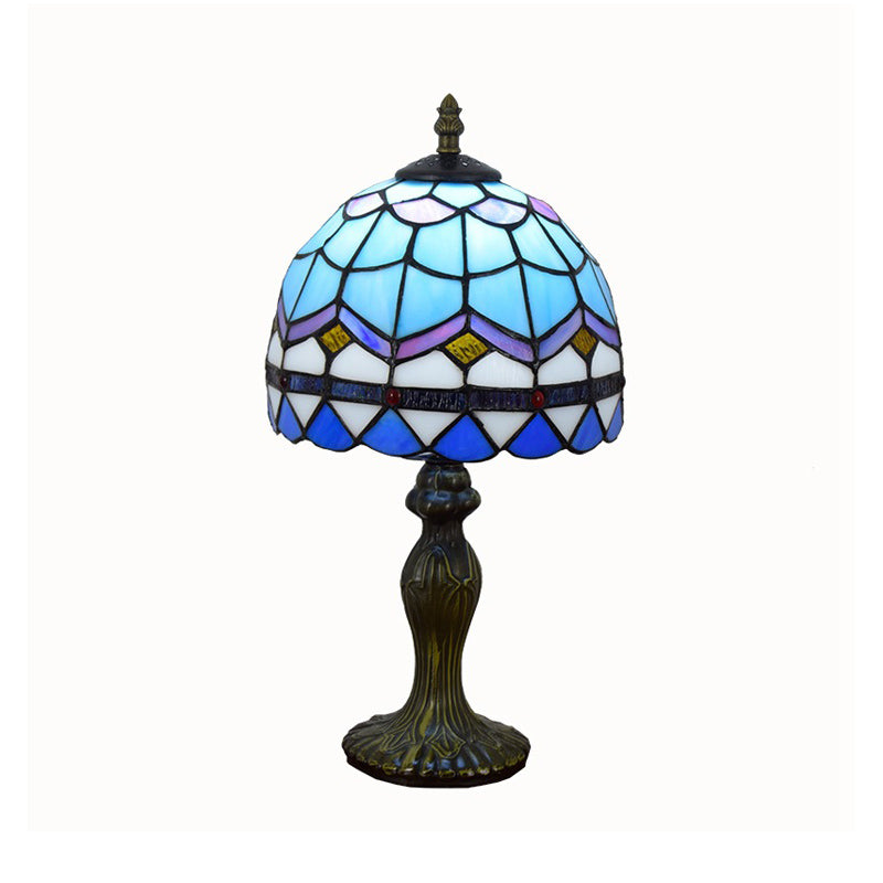 Mediterranean Dome Gridded Glass Table Lamp - Blue Nightstand Light For Living Room