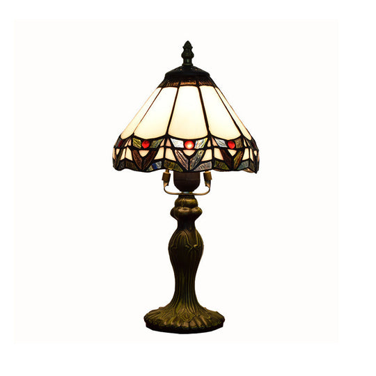 Antique Stained Glass White Table Lamp With Conical Shade & 1 Head - Elegant Nightstand Lighting For