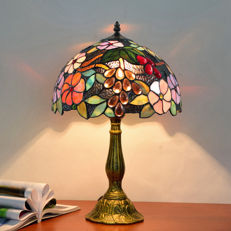 Tiffany Stained Glass Nightstand Lamp With Flower And Grape Pattern Antique Brass