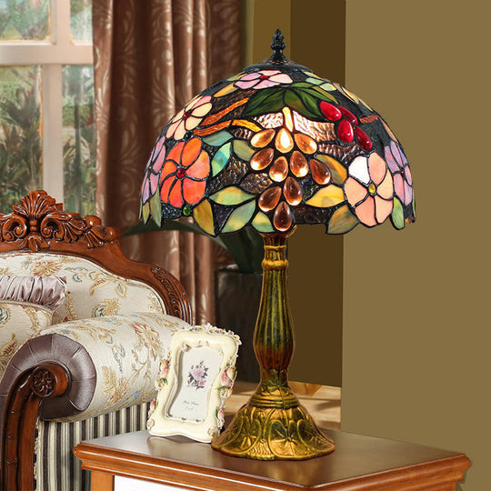 Tiffany Stained Glass Nightstand Lamp With Flower And Grape Pattern