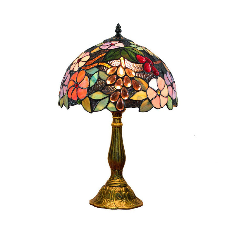 Tiffany Stained Glass Nightstand Lamp With Flower And Grape Pattern
