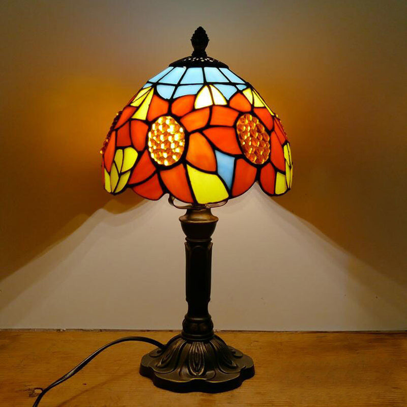 Sunflower Pattern Nightstand Lamp - 2 Head Stained Glass Table Lighting With Pull Chain Antique