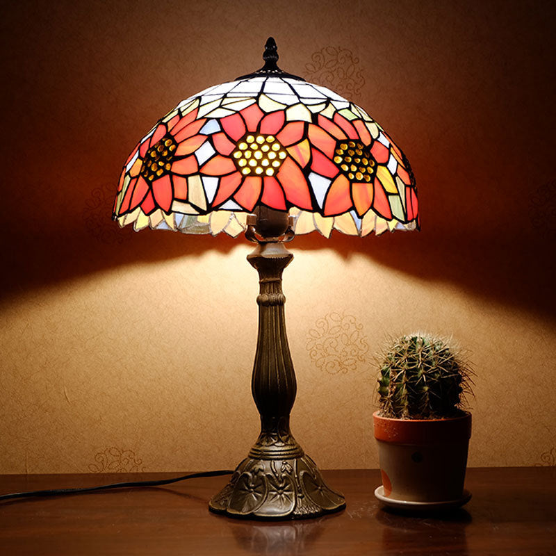 Orange Stained Glass Nightstand Lamp - Bowl Shade Sunflower Pattern Classic Table Lighting