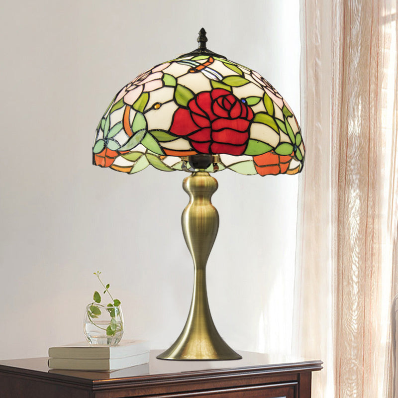 Handcrafted Vintage Dome Table Lamp With Floral Pattern Perfect Nightstand Lighting Red / A