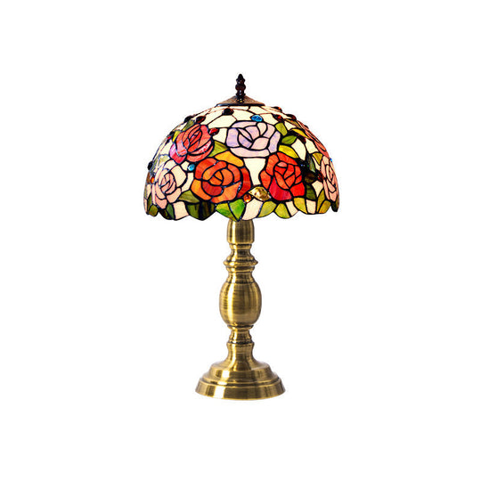 Handcrafted Vintage Dome Table Lamp With Floral Pattern Perfect Nightstand Lighting Orange Red / B