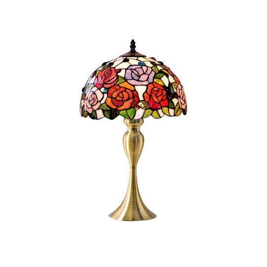 Handcrafted Vintage Dome Table Lamp With Floral Pattern Perfect Nightstand Lighting Orange Red / A