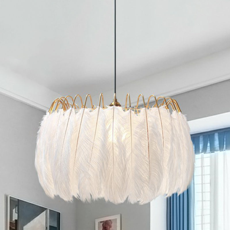 Modern White Feather Pendant Light for Living Room - Round Shape, Hanging Ceiling Light