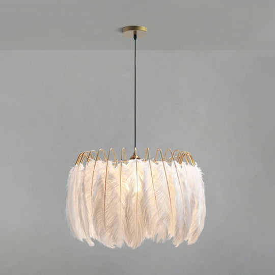 Modern White Feather Pendant Light for Living Room - Round Shape, Hanging Ceiling Light