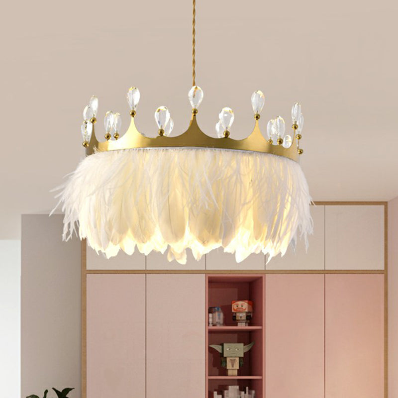 Modern Single Gold Crown Pendant Light with Crystal and Feather Accents - Metallic Suspension Fixture