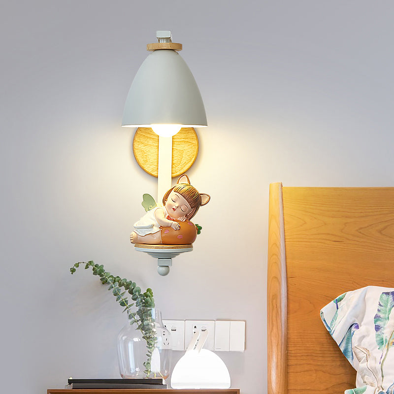 Metallic Cone Wall Lamp In Nordic Style With Figurine Decor For Kids Bedroom - White Light Fixture /