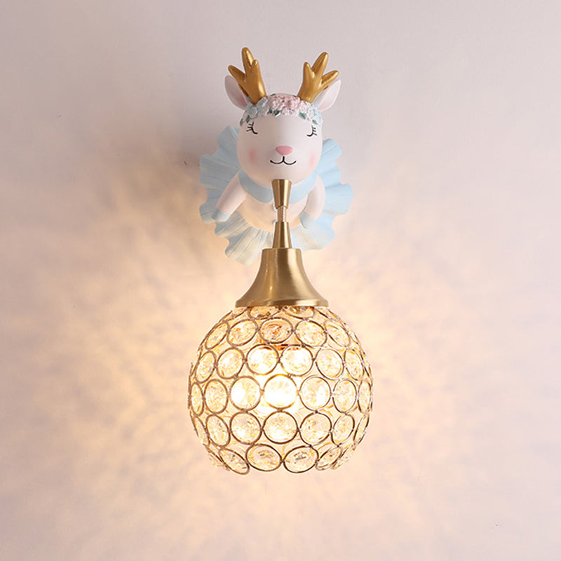 Hollowed Ball Crystal 1 Head Wall Mount Light With Animal Decor - Artistic Bedside Fixture