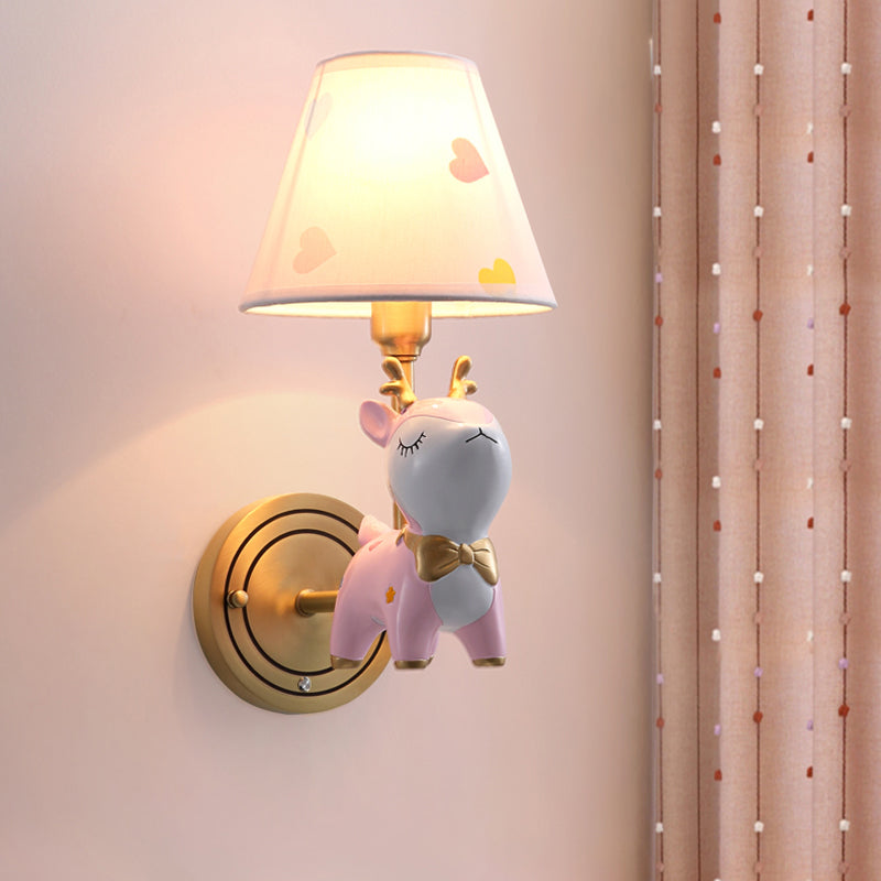 Kids Deer Wall Mount Light Resin Child Room Lighting With Pink Fabric Shade 1 /