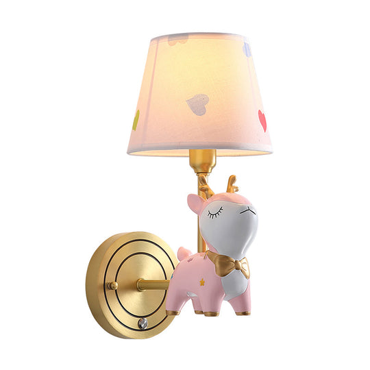 Kids Deer Wall Mount Light Resin Child Room Lighting With Pink Fabric Shade