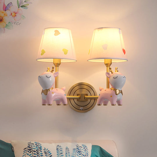 Kids Deer Wall Mount Light Resin Child Room Lighting With Pink Fabric Shade 2 /