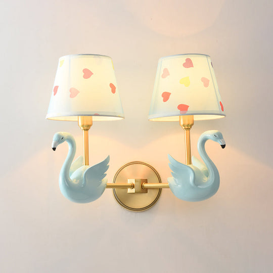 Patterned Fabric Kids Wall Lamp With Swan Design - Empire Shade Bedside Light