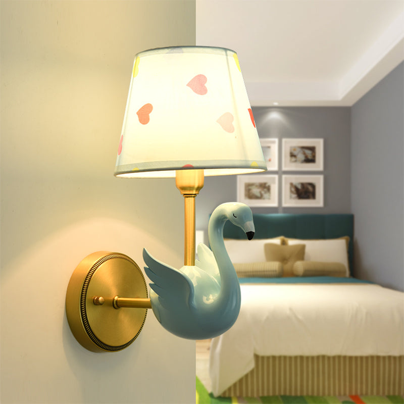 Patterned Fabric Kids Wall Lamp With Swan Design - Empire Shade Bedside Light 1 / Blue