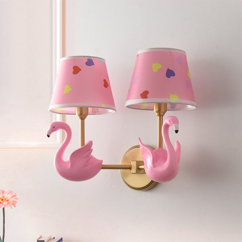 Patterned Fabric Kids Wall Lamp With Swan Design - Empire Shade Bedside Light 2 / Pink