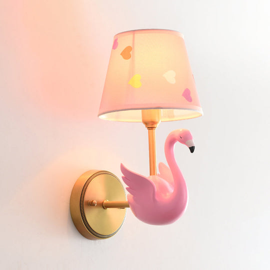 Patterned Fabric Kids Wall Lamp With Swan Design - Empire Shade Bedside Light