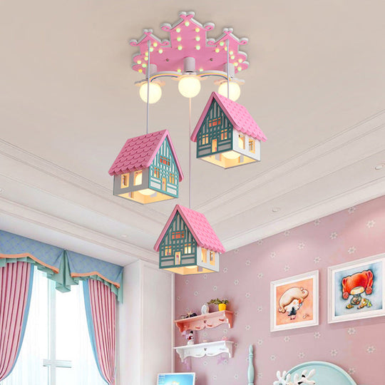 Kids Style Wooden House Shaped Pendant Light With 6 Heads Perfect For Child Room Pink
