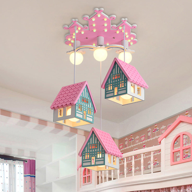 Kids Style Wooden House Shaped Pendant Light With 6 Heads Perfect For Child Room