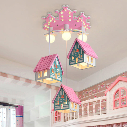 Kids Style Wooden House Shaped Pendant Light With 6 Heads Perfect For Child Room
