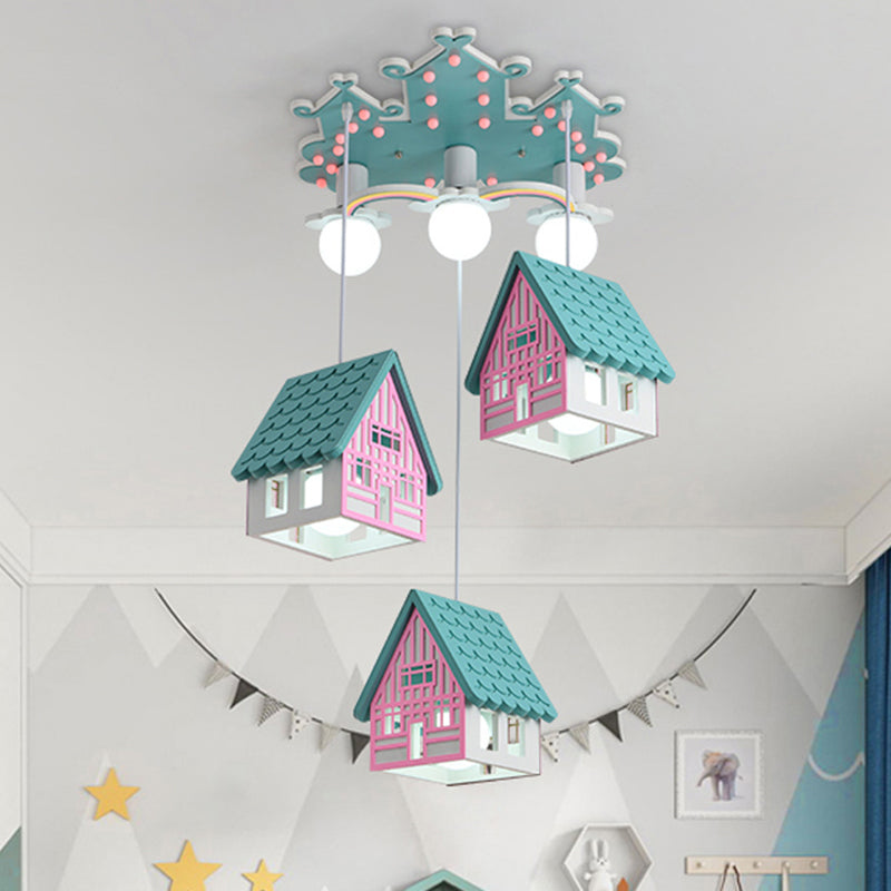 Kids Style Wooden House Shaped Pendant Light With 6 Heads Perfect For Child Room Green