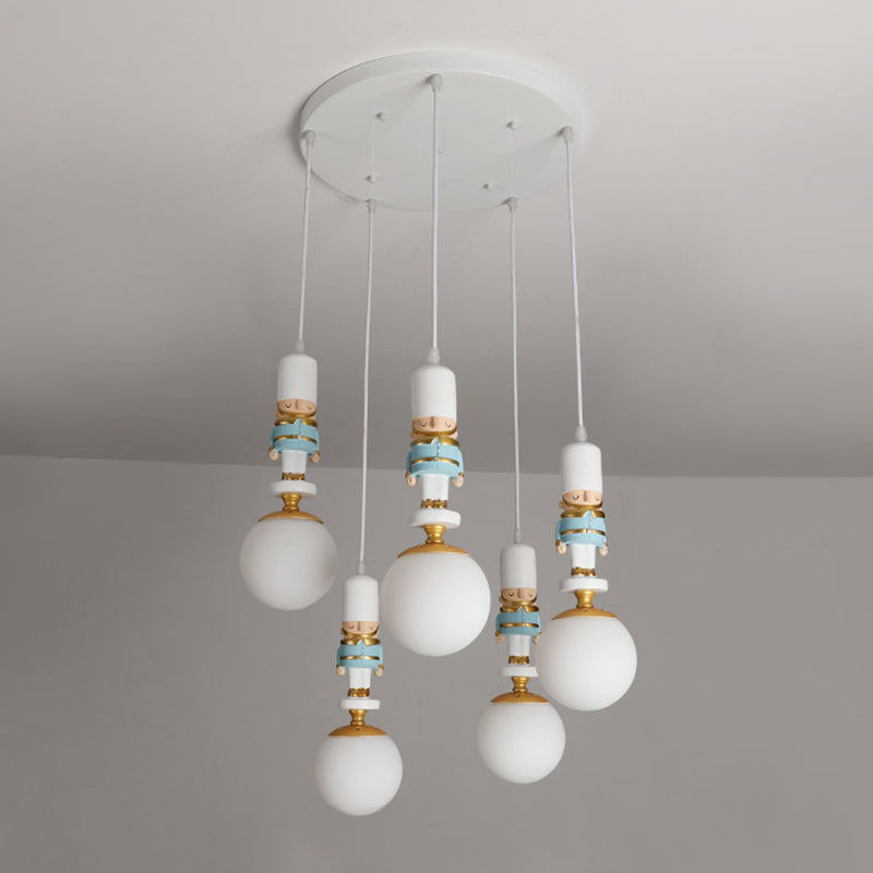Kids Multi-Light Pendant With Cream Glass Sphere Shade & Decorative Figurine Bedroom Ceiling Light 5