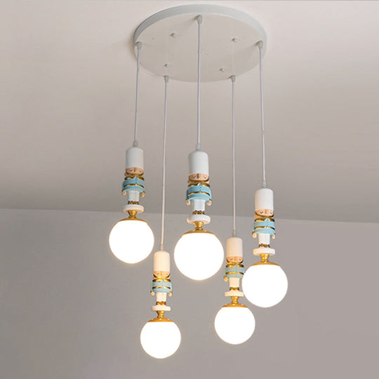 Kids Multi-Light Pendant With Cream Glass Sphere Shade & Decorative Figurine Bedroom Ceiling Light