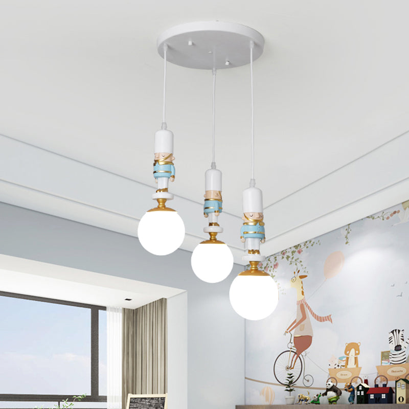 Kids Multi-Light Pendant With Cream Glass Sphere Shade & Decorative Figurine Bedroom Ceiling Light 3