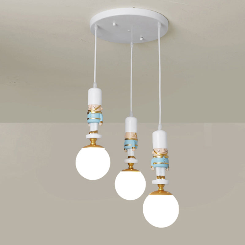 Kids Multi-Light Pendant With Cream Glass Sphere Shade & Decorative Figurine Bedroom Ceiling Light
