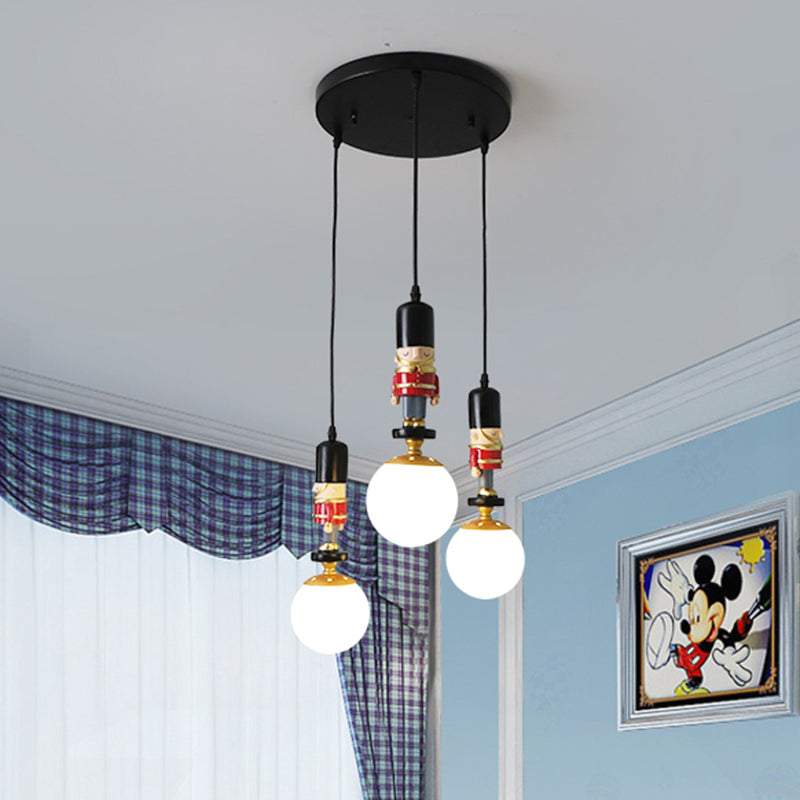 Kids Multi-Light Pendant With Cream Glass Sphere Shade & Decorative Figurine Bedroom Ceiling Light 3
