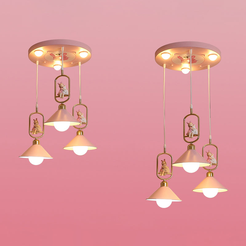 Cartoon Cone Shade Multi Ceiling Light - 6 Bulbs Nursery Suspension Lighting In Metallic Pink With