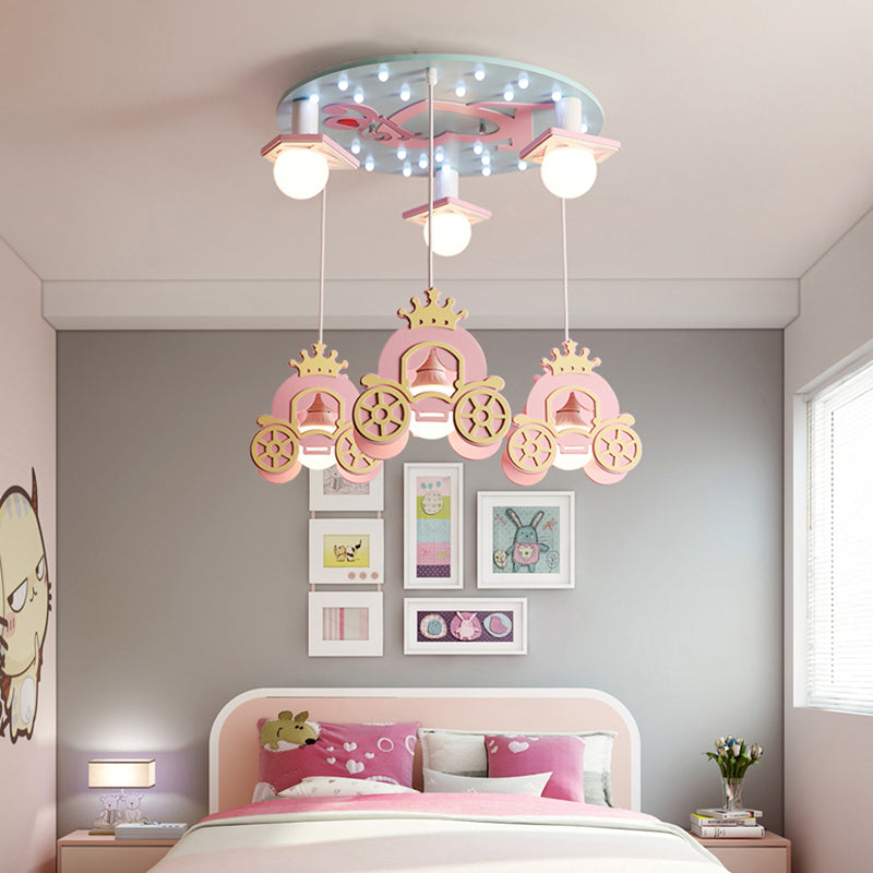 Princess Carriage Wooden Kids Ceiling Light - 6 Head Pink Lamp Pendant For Bedroom