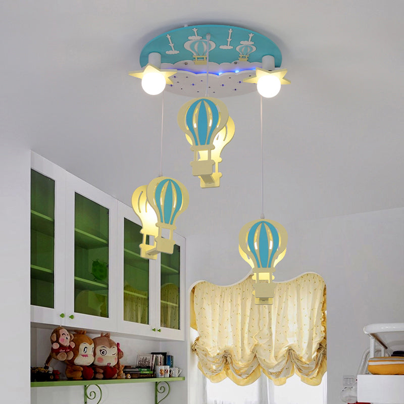 Wooden Hot Air Balloon Pendant Light | Kids Bedroom Hanging Lighting 5 Bulbs Included Green