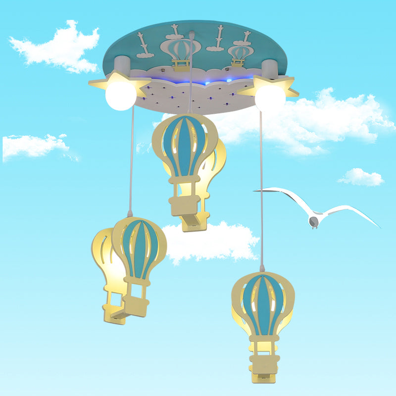Wooden Hot Air Balloon Pendant Light | Kids Bedroom Hanging Lighting 5 Bulbs Included